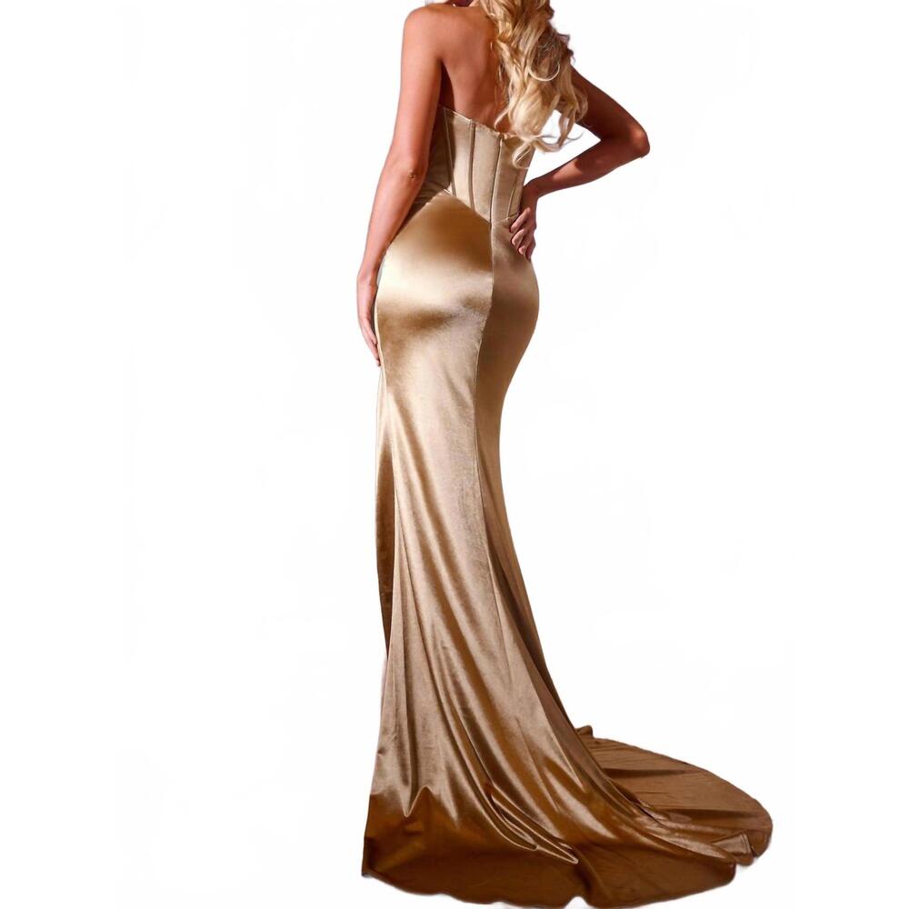 NEW JOVANI strapless fitted satin gown with corset and train in gold - Picture 2 of 2